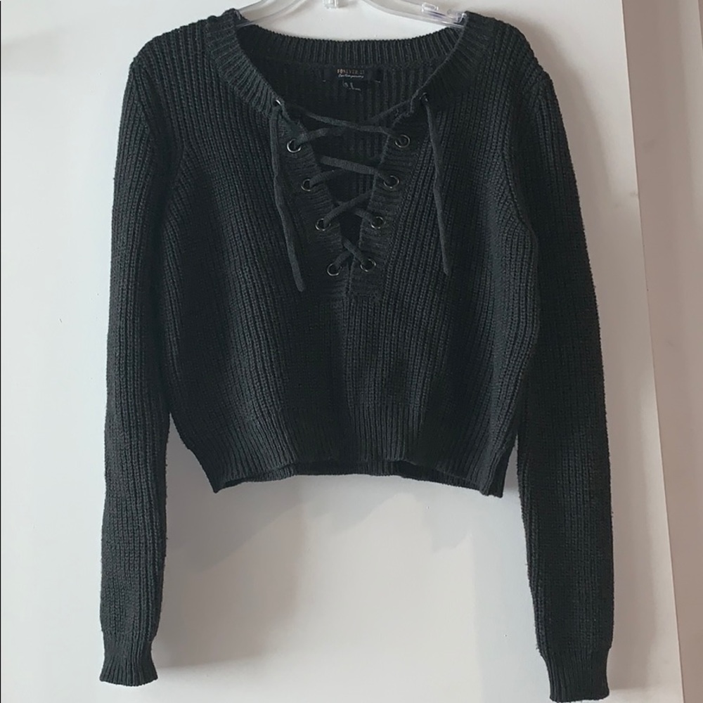 F21 charcoal gray cropped lace-up sweater
